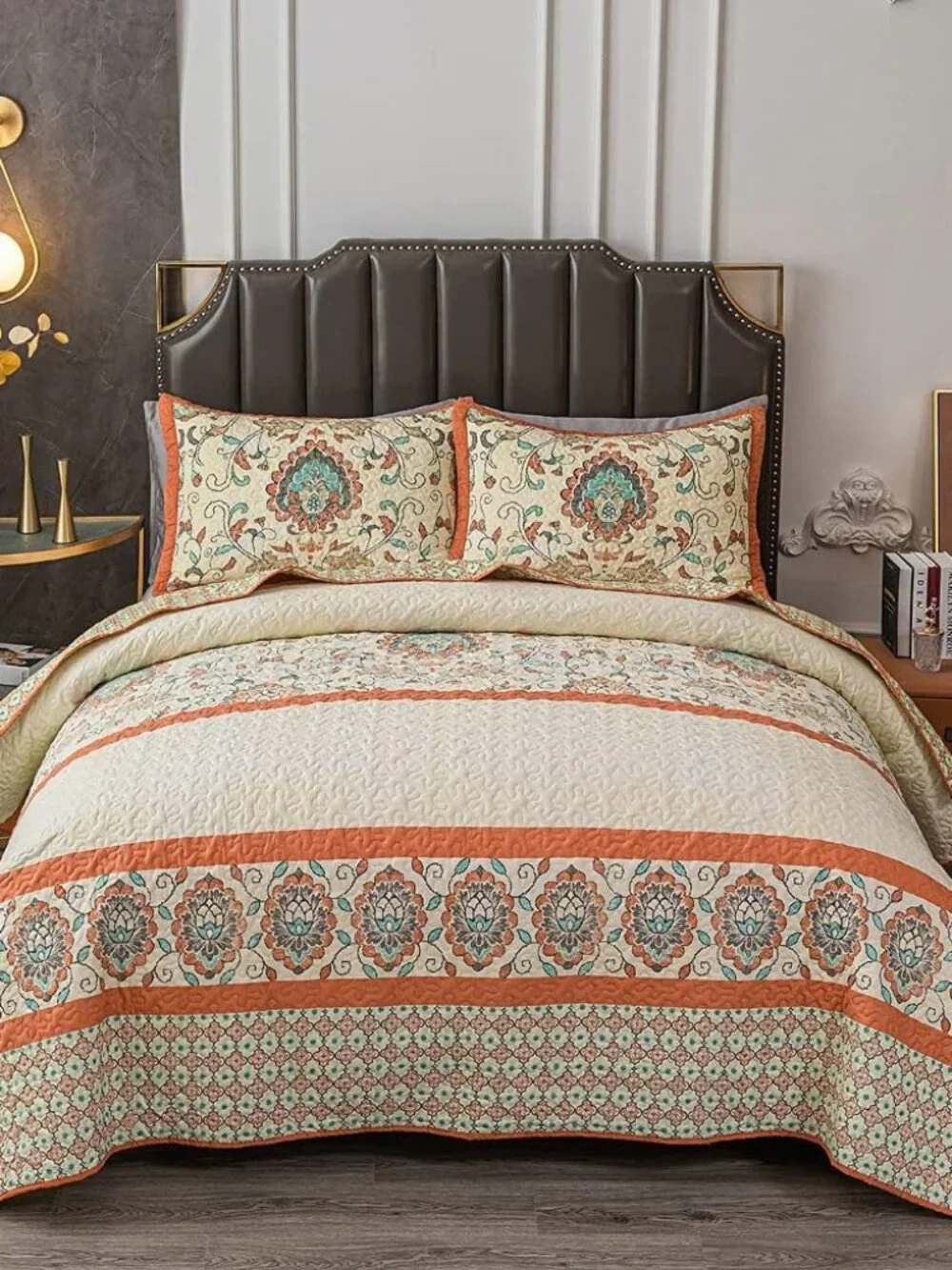 Bohemian King Size Quilt Comforter Bedding Set -3 Pieces Red Quilts 1 Quilt, 2 P
